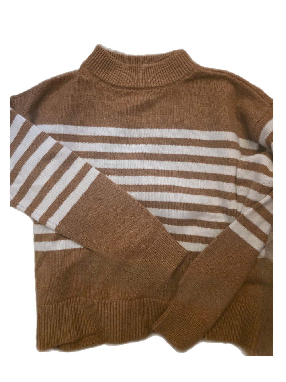 Ann Taylor Camel and White Striped Mock Turtleneck Weekend Sweater Sz L